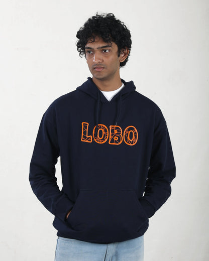 Person wearing a navy hoodie with 'LOBO' printed in orange on a white background