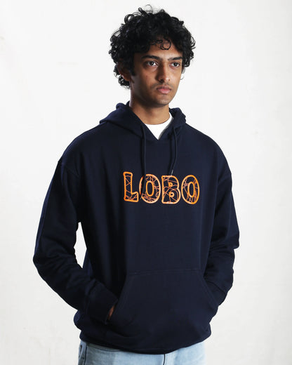 Person wearing a navy hoodie with 'LOBO' printed in orange on a white background