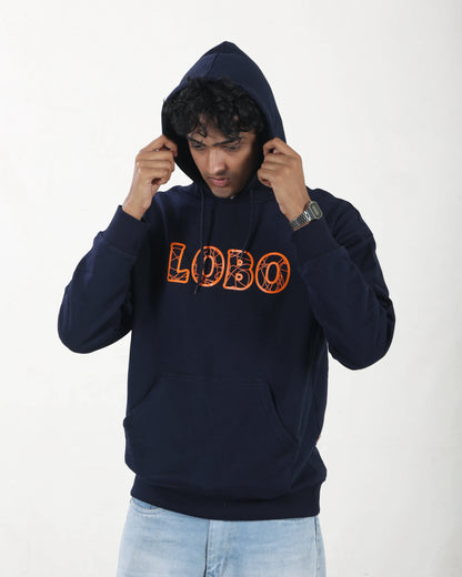Person wearing a navy hoodie with 'LOBO' printed in orange on a white background