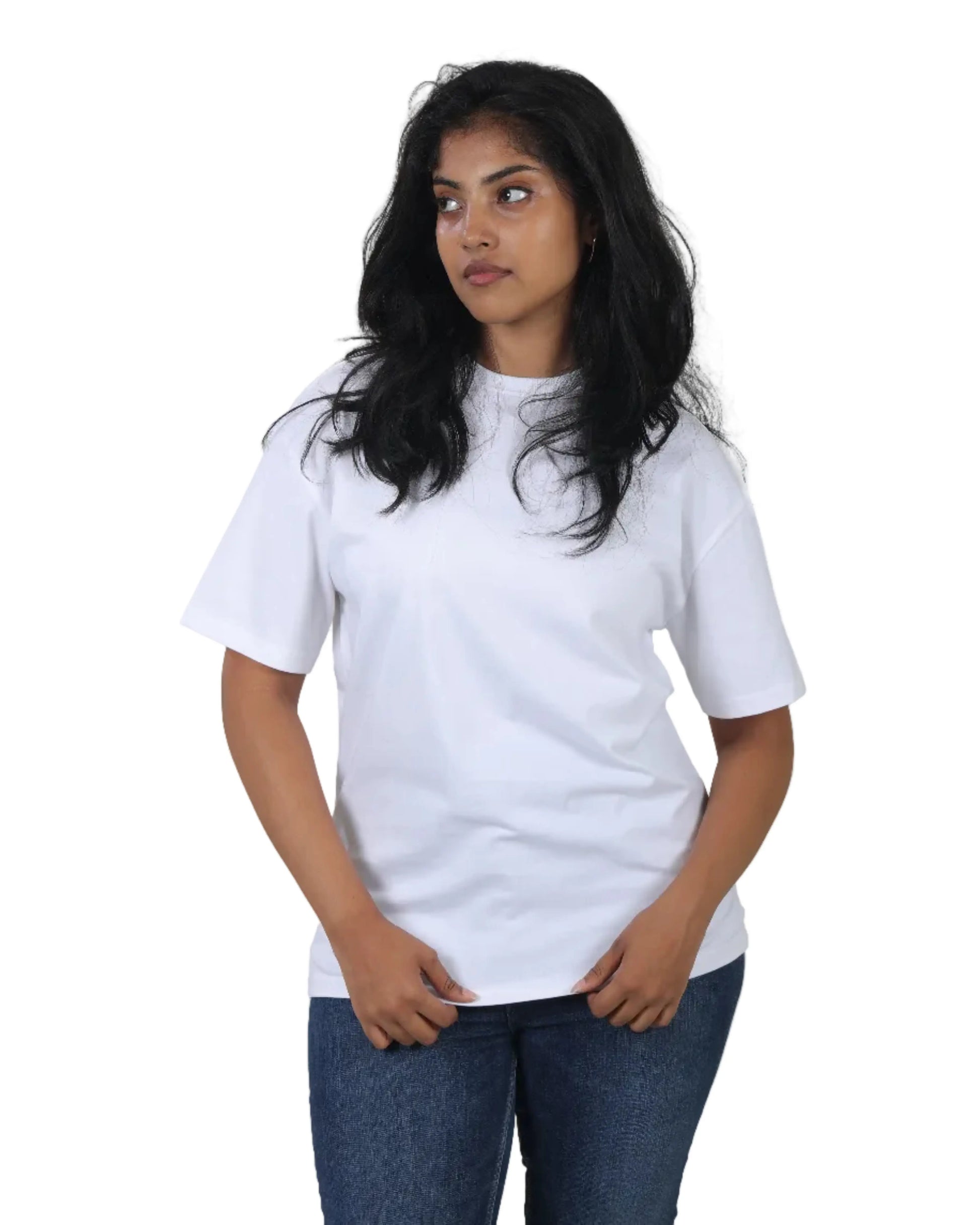 Person wearing a plain white t-shirt on a white background