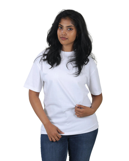 Woman wearing a plain white t-shirt on a white background