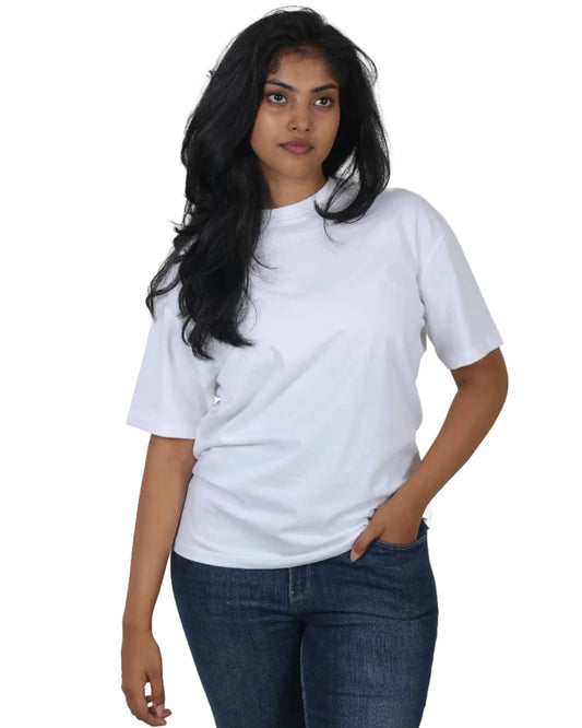 Person wearing a plain white t-shirt and blue jeans on a white background