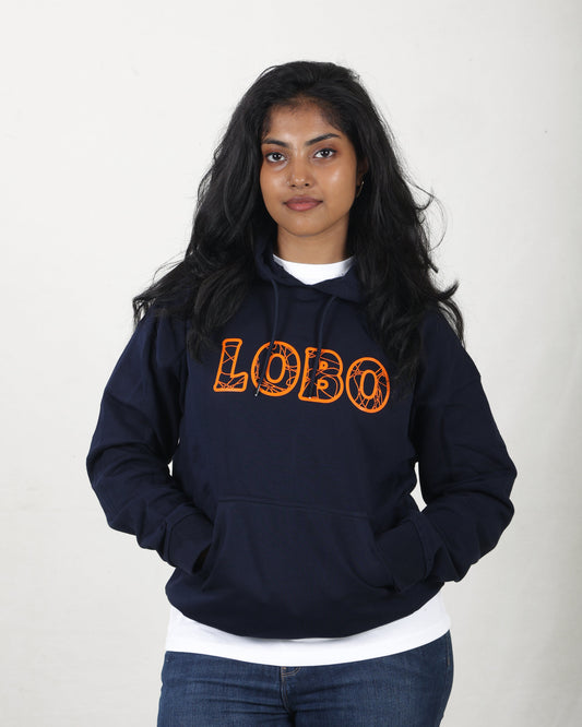 Person wearing a navy hoodie with 'LOBO' printed in orange on a plain background
