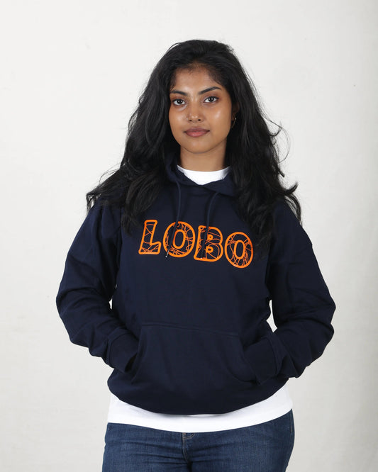 Person wearing a navy blue hoodie with 'LOBO' printed in orange on a plain background