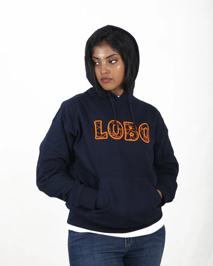 Person wearing a navy hoodie with 'LOBO' printed in orange on a white background