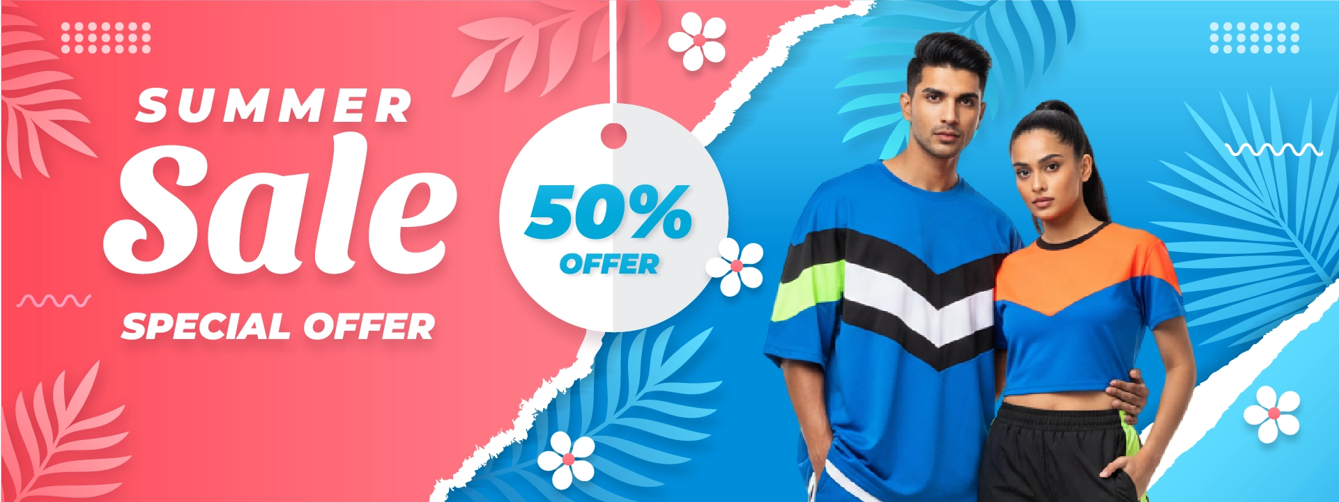 Summer sale banner with two people wearing colorful outfits and a 50% offer tag.