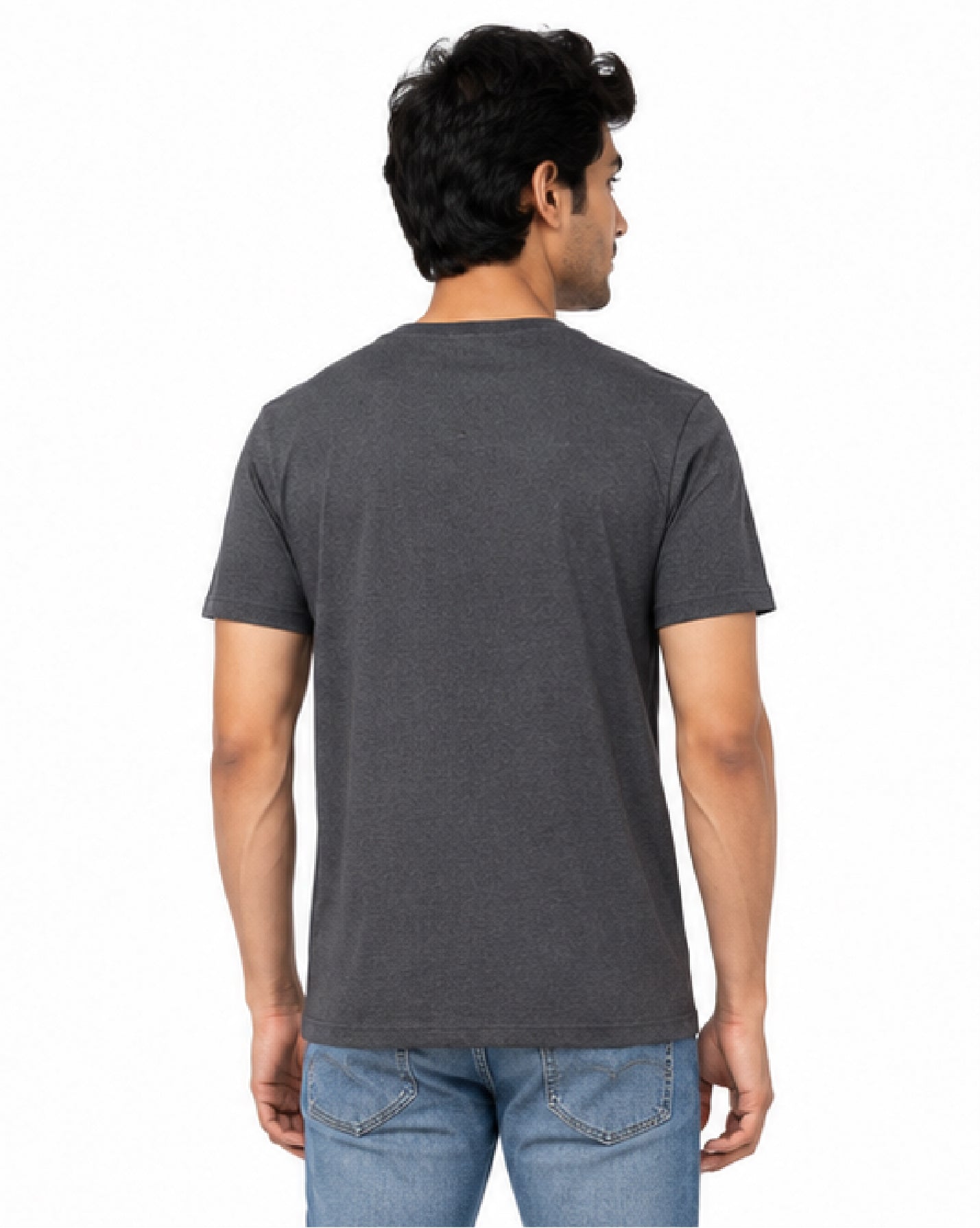 A man viewed from the back wearing a dark gray heathered short-sleeve t-shirt and blue jeans, set against a plain white background.