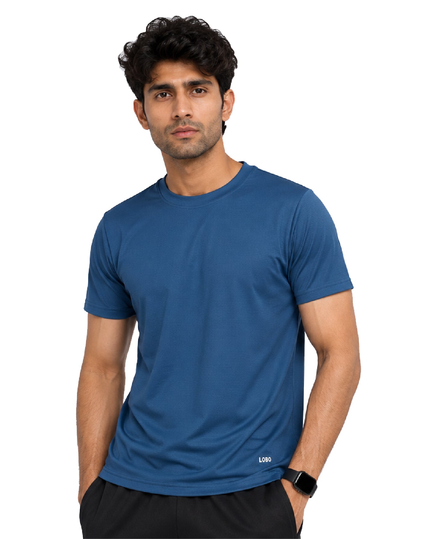 A man wearing a short-sleeve crew-neck athletic t-shirt in a medium blue color, paired with black shorts, against a plain white background.