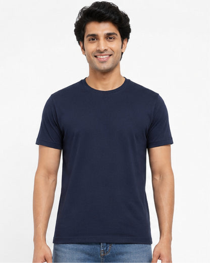 navy blue eco friendly tshirt front posing model