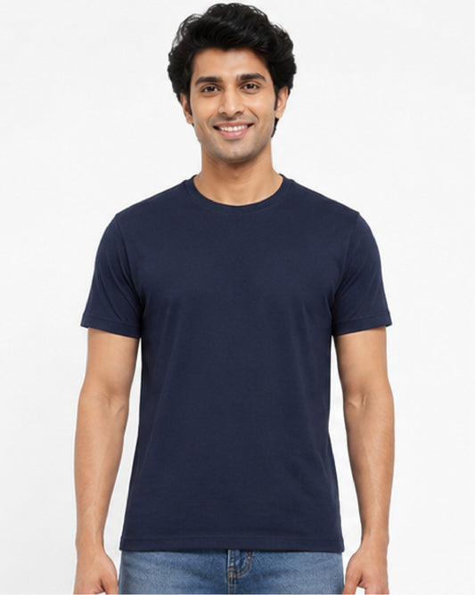 navy blue eco friendly tshirt front posing model