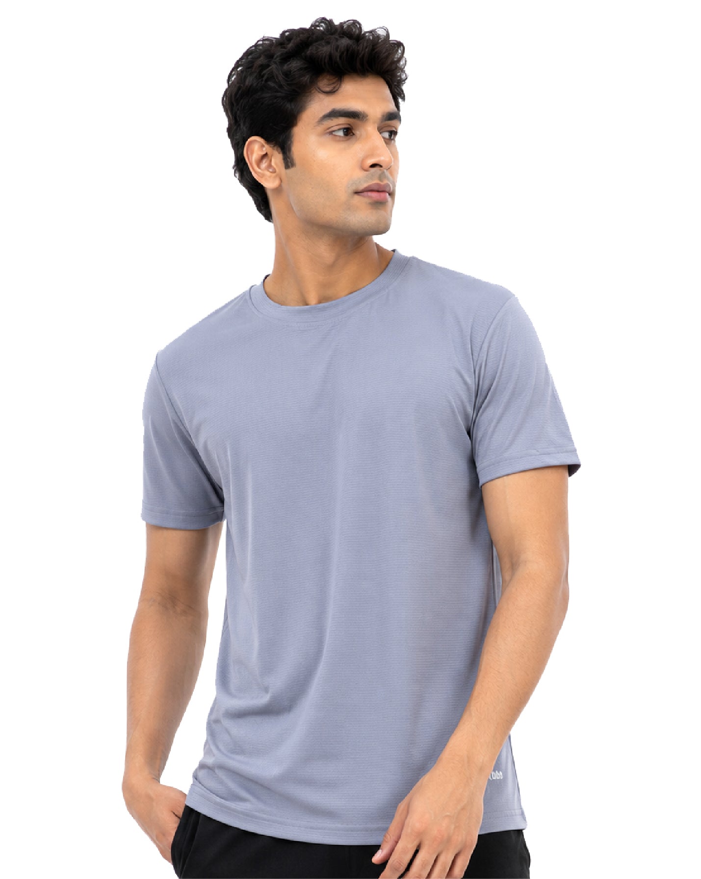 A man wearing a light blue-gray crew-neck t-shirt, shown from the waist up against a plain white background.