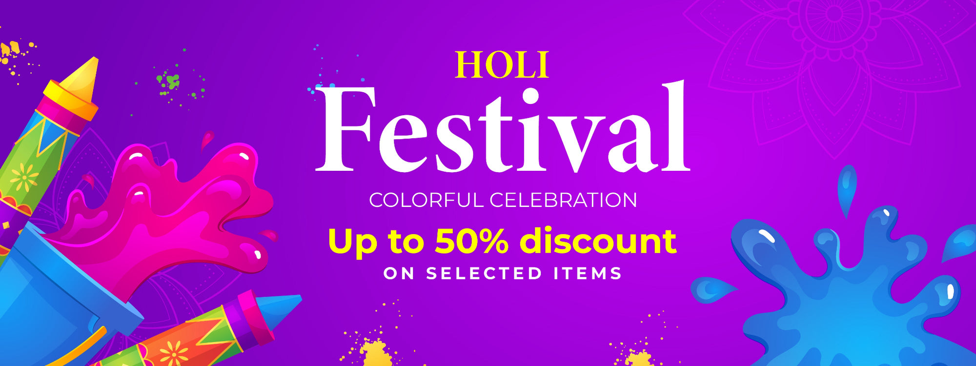 Promotional banner for Holi Festival with colorful text and splashes on a purple background