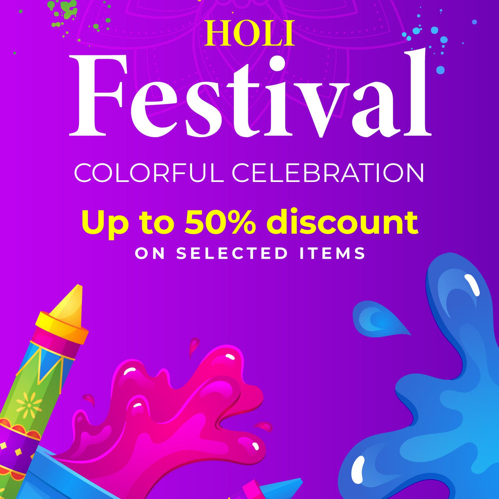 Promotional poster for Holi Festival with colorful design and text on a purple background