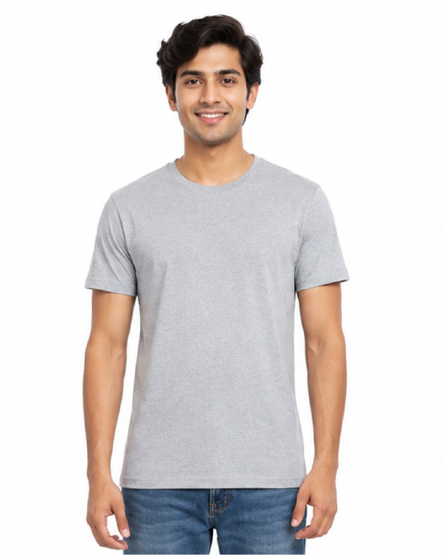 A man wearing a light gray short-sleeve crewneck t-shirt and blue jeans, standing against a plain white background.